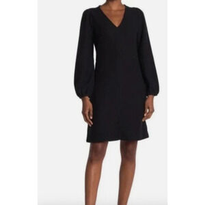 Madewell Textural Knit Dress Black Balloon Sleeve V-Neck 100% Cotton NWT Large